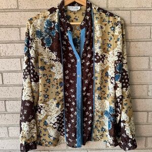 Vintage  Brown Floral Patchwork Button-Up Top Western Retro Cowgirl Small